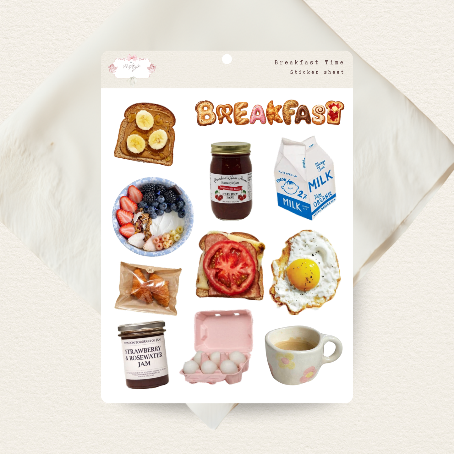 Sticker sheet with breakfast-themed items on a white background
