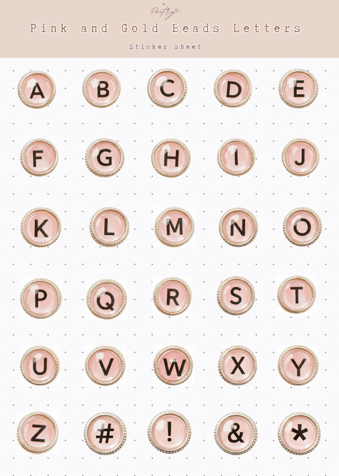 Pink and Gold Beads Letters Sticker Sheet