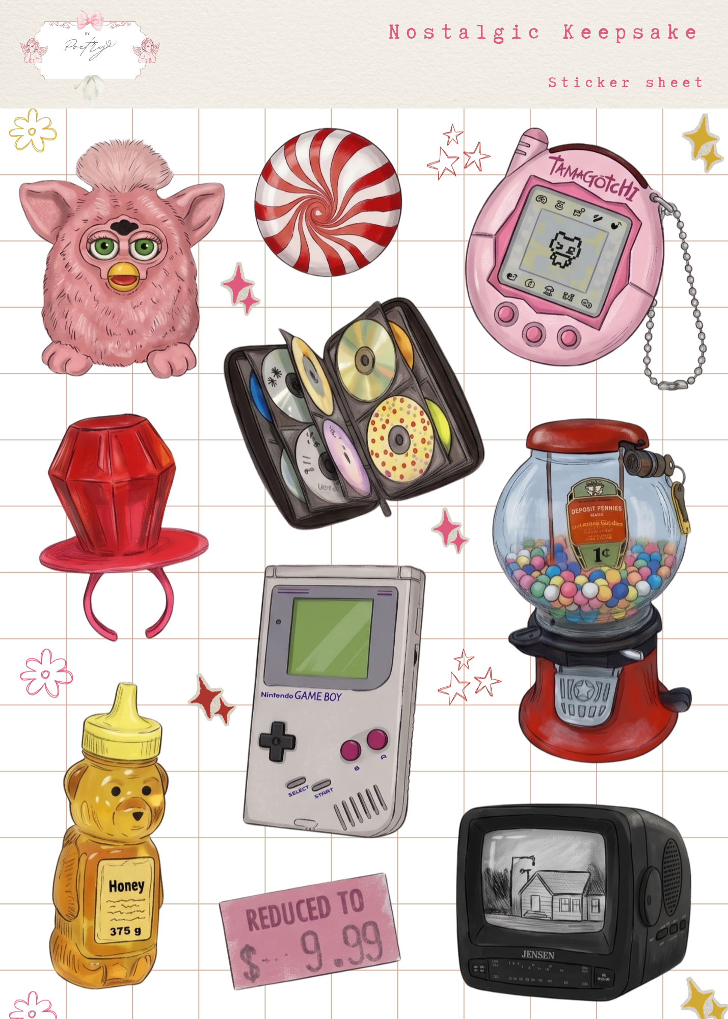 Collection of retro-themed items on a grid background