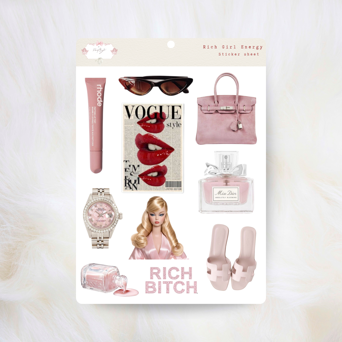 Collection of pink fashion and beauty items including a watch, lipstick, perfume, and magazine on a white background.