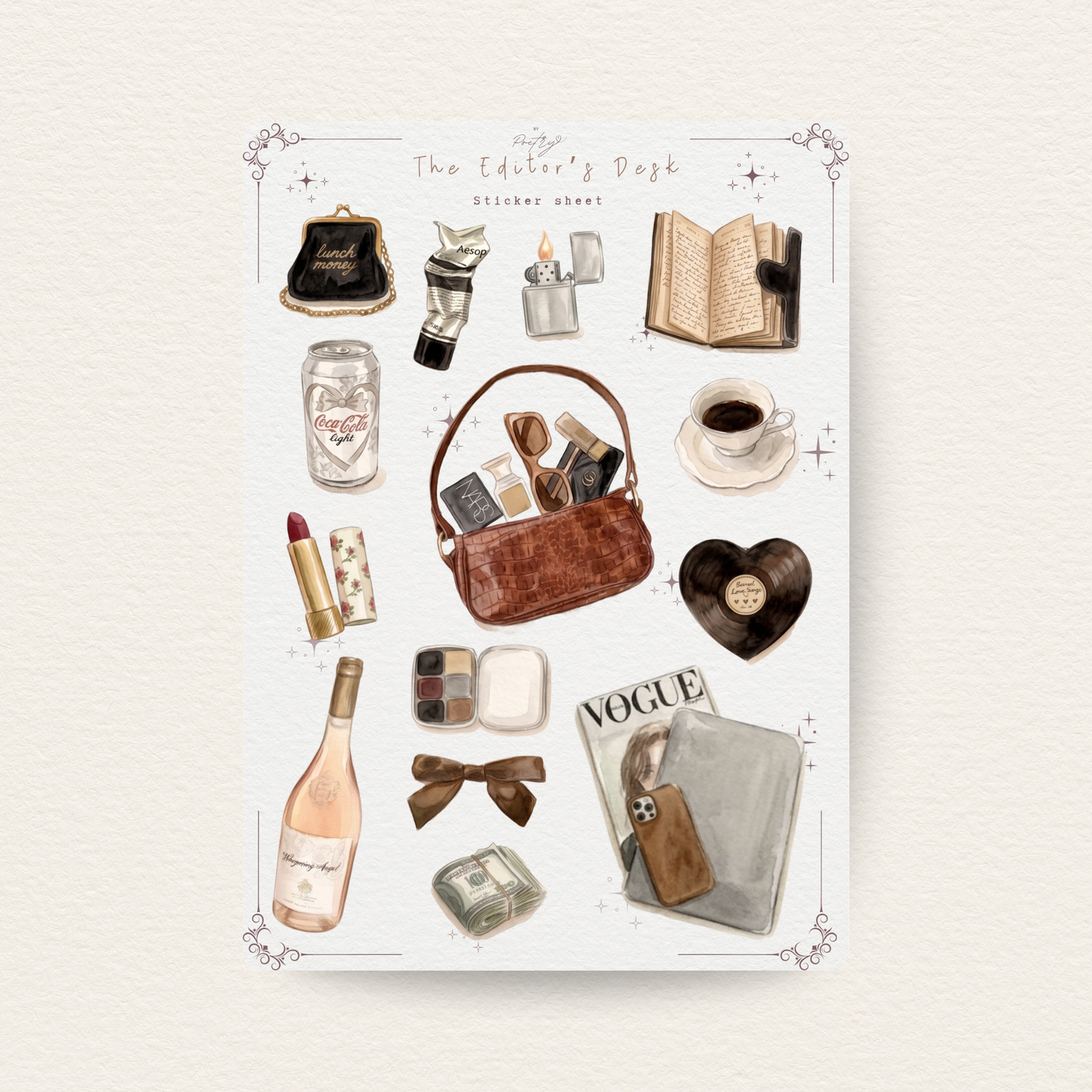 Collection of lifestyle items including a handbag, lipstick, and coffee on a light background.