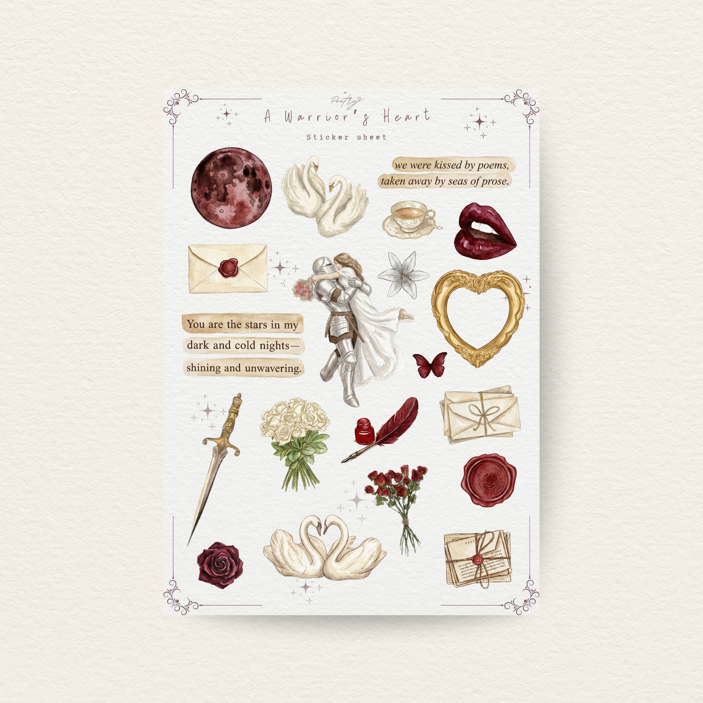 Watercolor sticker sheet titled 'A Warrior's Heart' for Valentine's Day. Features vintage romantic illustrations including a knight embracing a woman, white swans, red roses, a dagger, wax seal love letters, and a blood moon. Perfect for dark academia journaling and scrapbooking