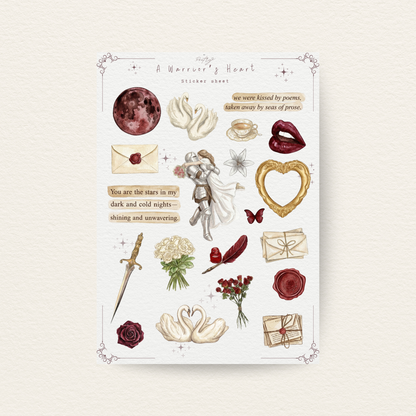 Watercolor sticker sheet titled 'A Warrior's Heart' for Valentine's Day. Features vintage romantic illustrations including a knight embracing a woman, white swans, red roses, a dagger, wax seal love letters, and a blood moon. Perfect for dark academia journaling and scrapbooking