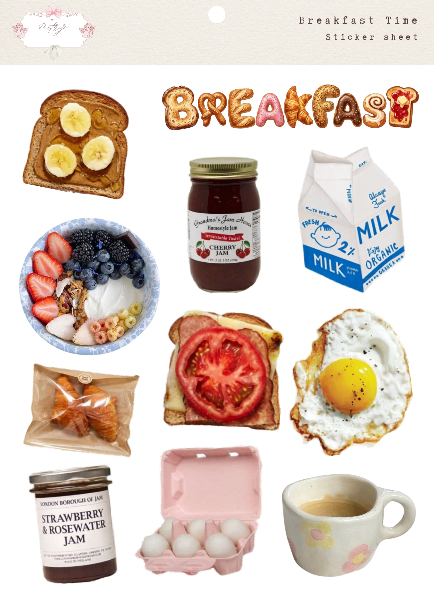 Sticker sheet with images of breakfast items including toast, fruit, milk, and coffee.
