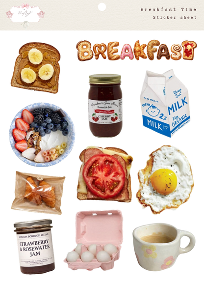 Sticker sheet with images of breakfast items including toast, fruit, milk, and coffee.