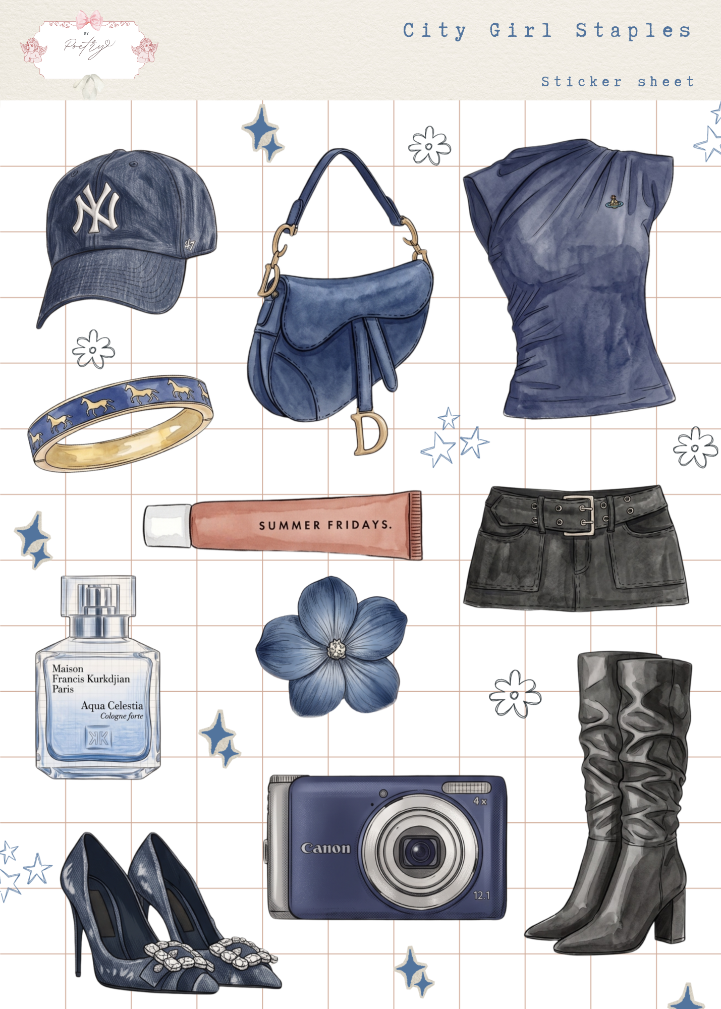 Collection of city girl staples including a cap, handbag, top, skirt, boots, camera, and accessories on a grid background.