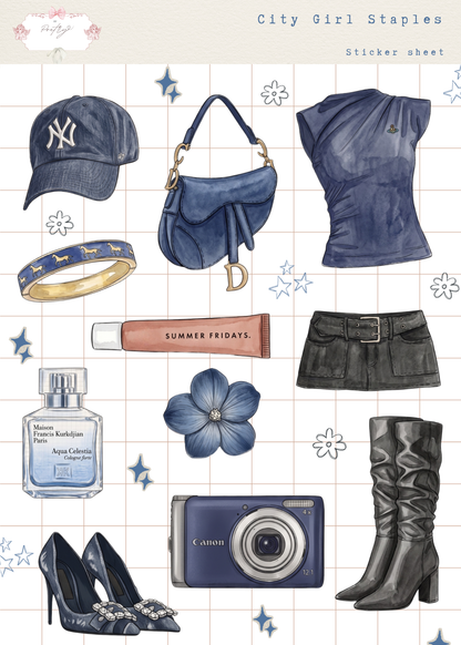 Collection of city girl staples including a cap, handbag, top, skirt, boots, camera, and accessories on a grid background.