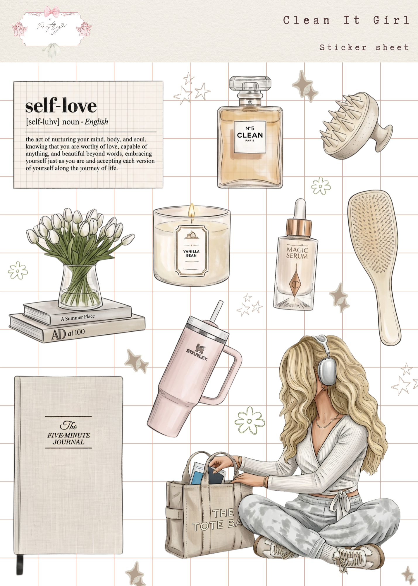 Sticker sheet with self-care items including a candle, bottle of perfume, and notebook.