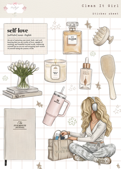 Sticker sheet with self-care items including a candle, bottle of perfume, and notebook.