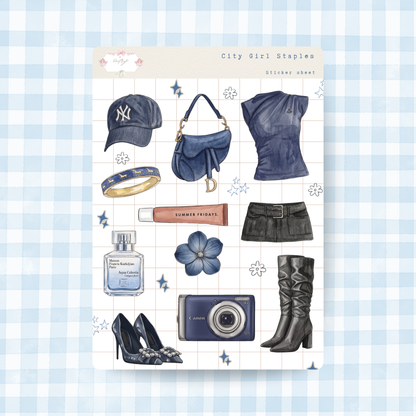 Collection of fashion and lifestyle items on a blue and white checkered background