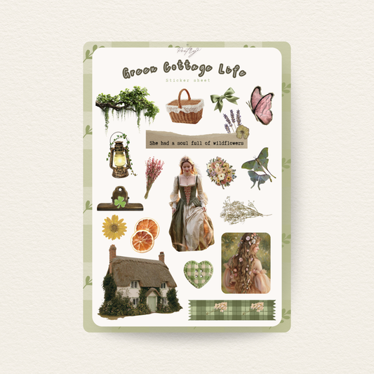 Sticker sheet with 'Gnome Cottage Life' theme featuring illustrations of a woman in a dress, cottage, and nature elements on a white background.