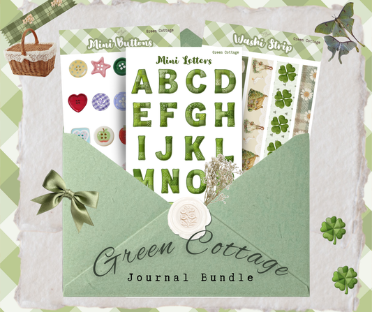 Green Cottage Journal Bundle with alphabet letters, buttons, and other decorative items on a green and white patterned background.
