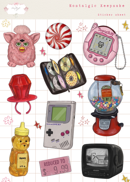 Collection of retro-themed items on a grid background