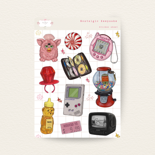 Collection of retro-themed items including a Tamagotchi, Game Boy, and other nostalgic objects on a white background.