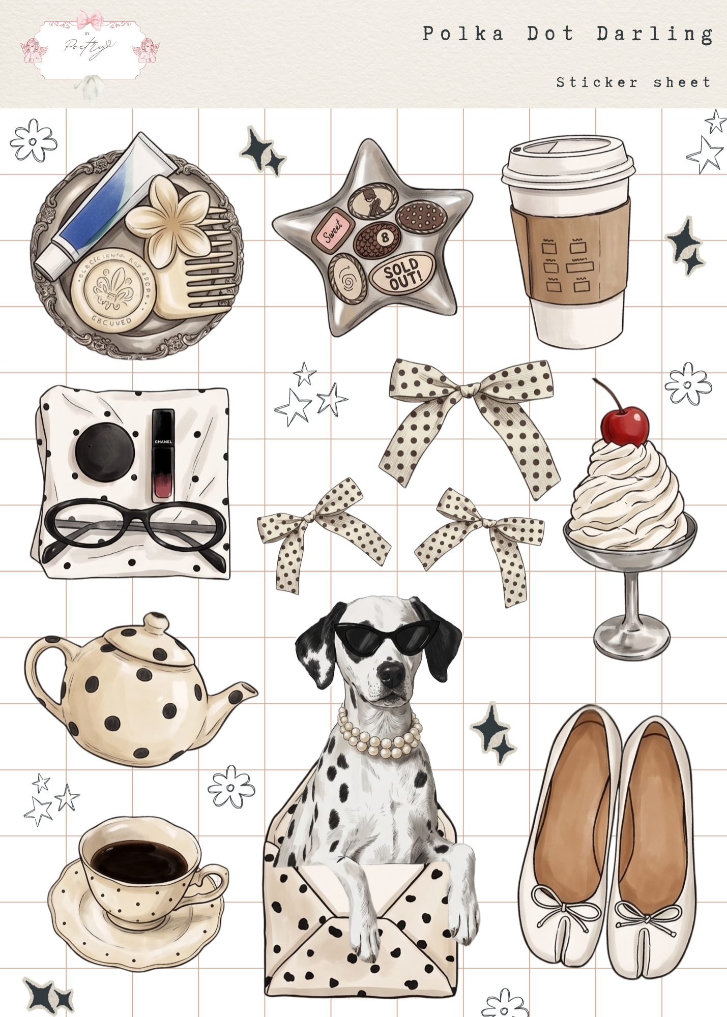 Sticker sheet with polka dot-themed illustrations including a dog, teapot, coffee cup, and shoes on a grid background.