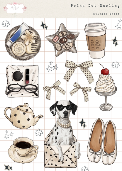 Sticker sheet with polka dot-themed illustrations including a dog, teapot, coffee cup, and shoes on a grid background.