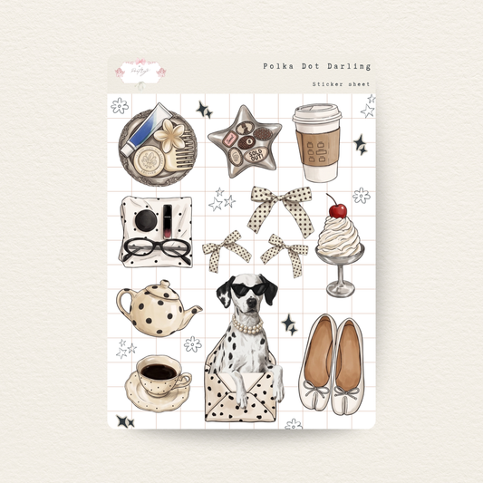 Sticker sheet with various illustrations including a dog, coffee cup, and shoes on a light background.