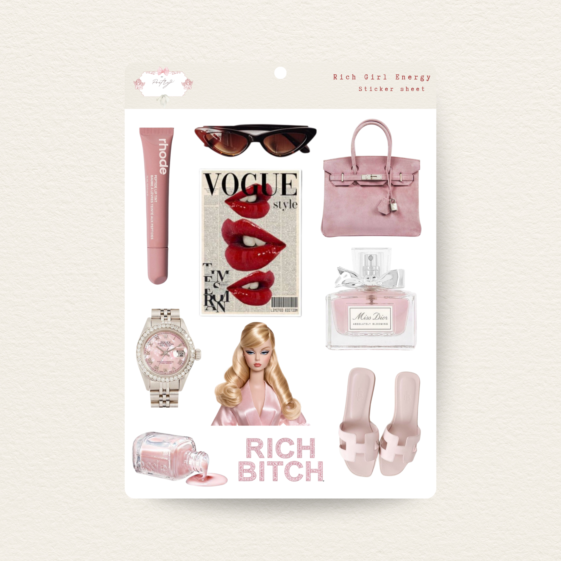 Collection of pink fashion and lifestyle items including a handbag, lipstick, magazine, and accessories on a white background.