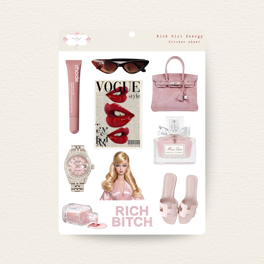 Collection of pink fashion and lifestyle items including a handbag, lipstick, magazine, and accessories on a white background.