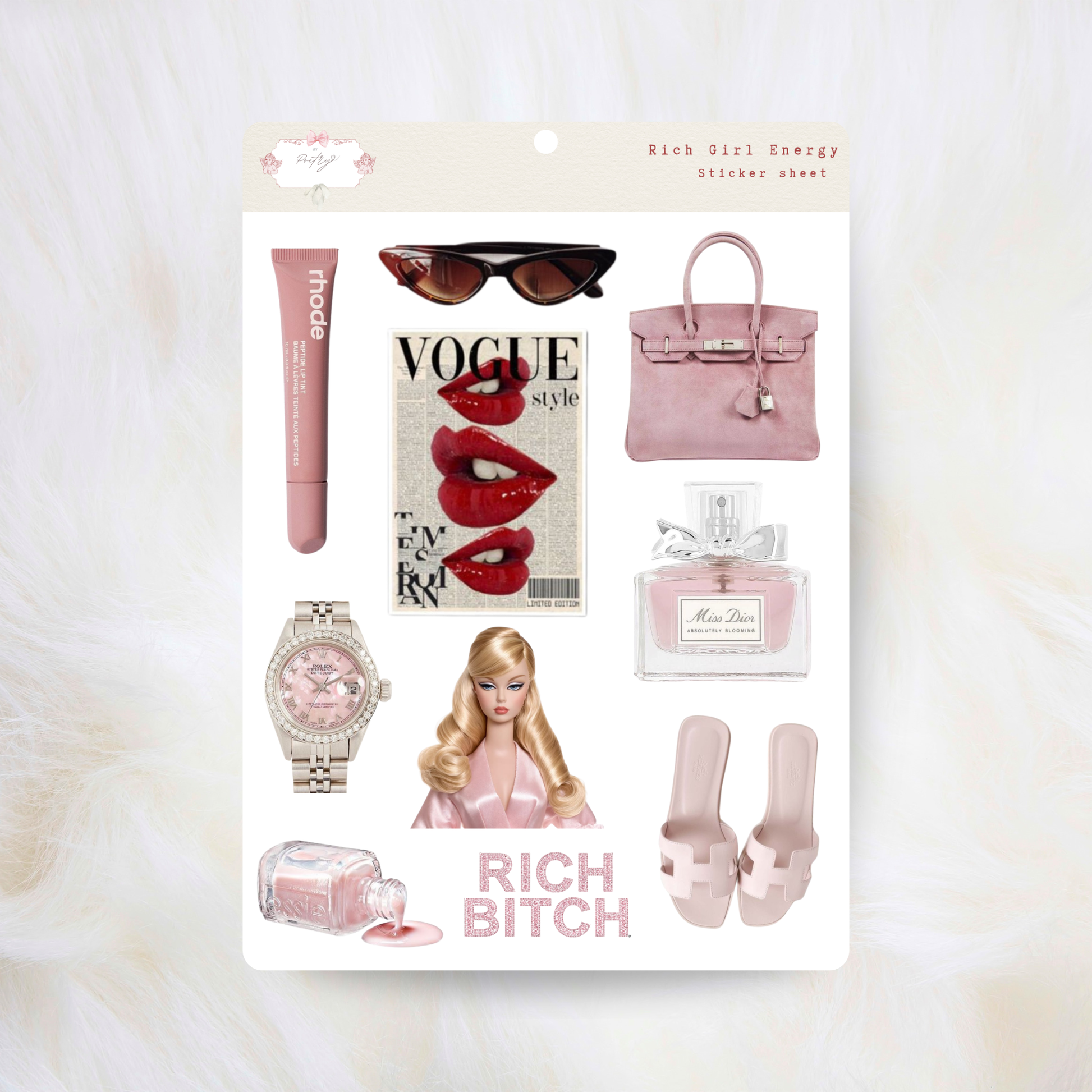Collection of pink fashion and beauty items including a watch, lipstick, perfume, and magazine on a white background.