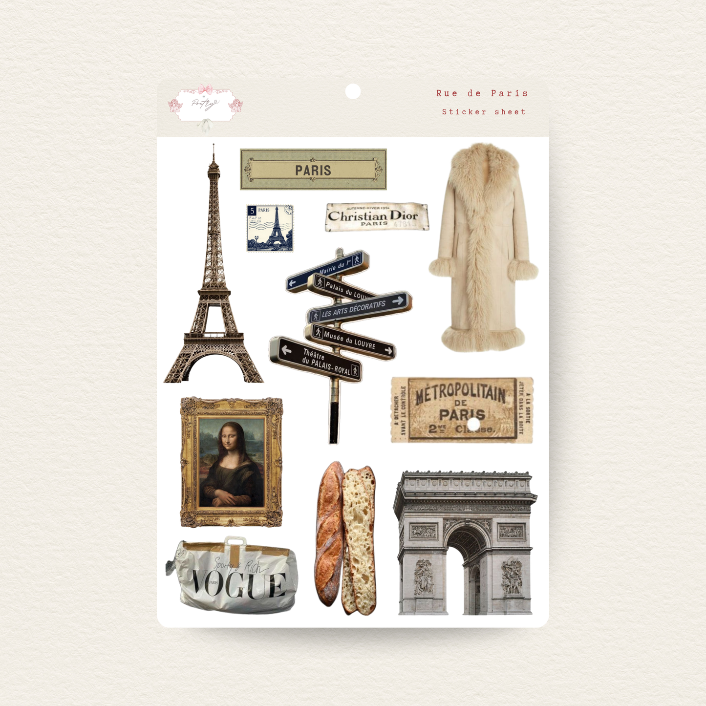 Packaging of Paris-themed stickers with Eiffel Tower, Mona Lisa, and other Parisian elements.
