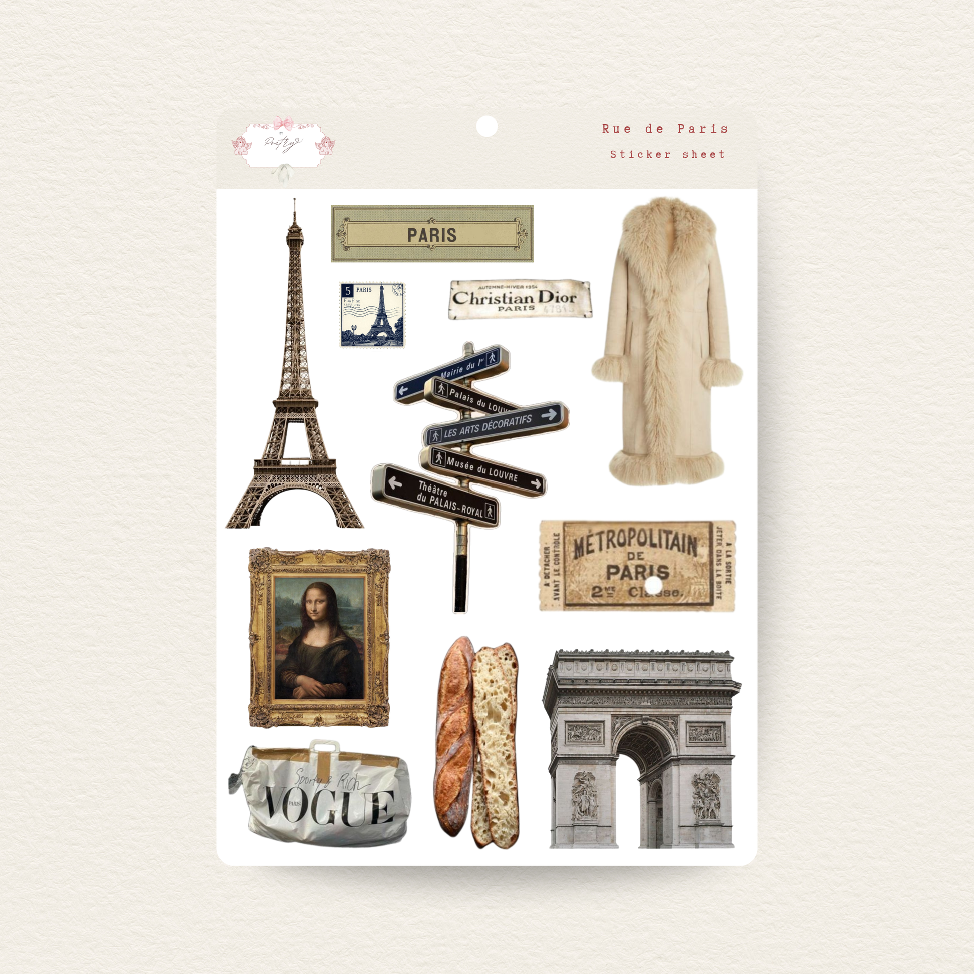 Packaging of Paris-themed stickers with Eiffel Tower, Mona Lisa, and other Parisian elements.