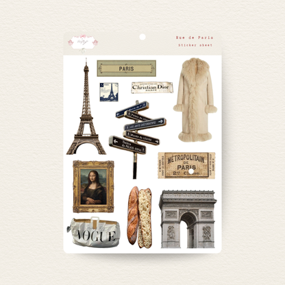 Packaging of Paris-themed stickers with Eiffel Tower, Mona Lisa, and other Parisian elements.