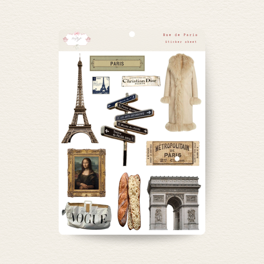Packaging of Paris-themed stickers with Eiffel Tower, Mona Lisa, and other Parisian elements.