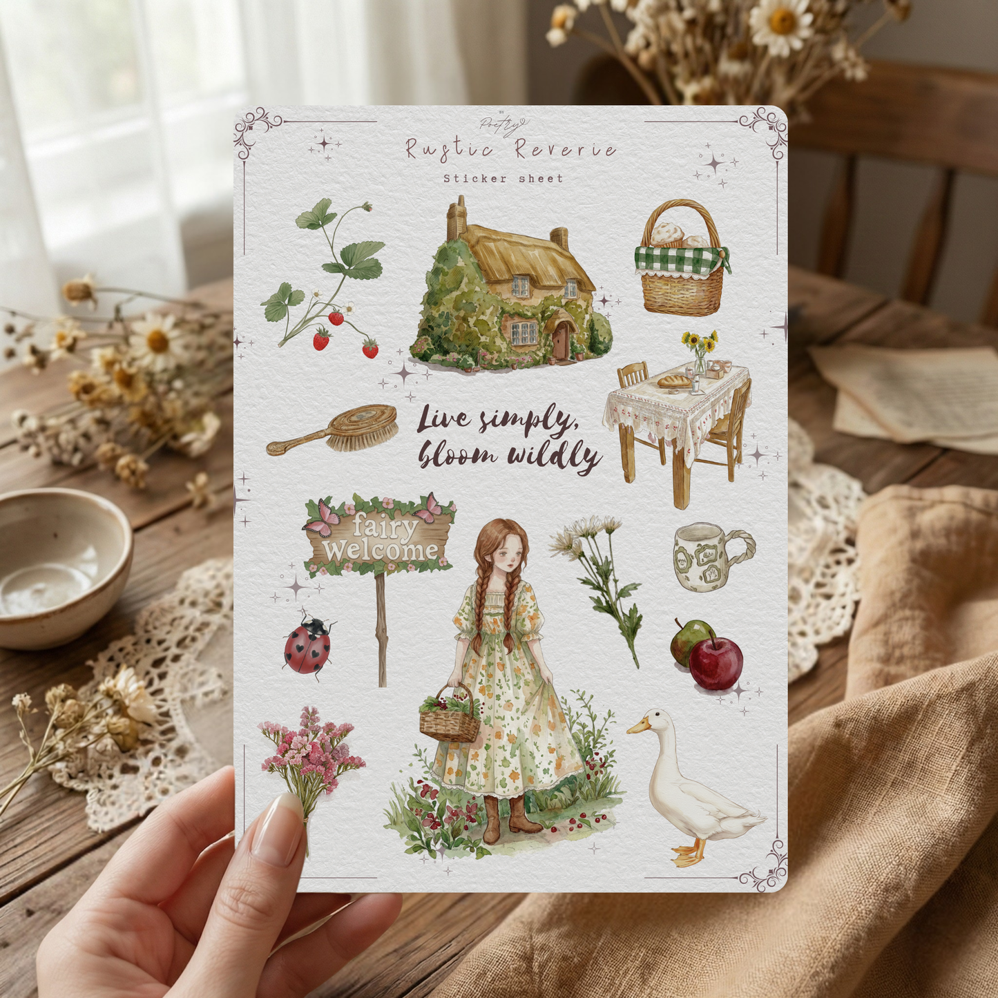 A watercolor-style sticker sheet titled 'Rustic Reverie' featuring cottagecore illustrations including a cozy ivy-covered cottage, a girl in a floral dress, a white duck, wild strawberries, and the quote 'Live simply, bloom wildly' on a textured paper background.