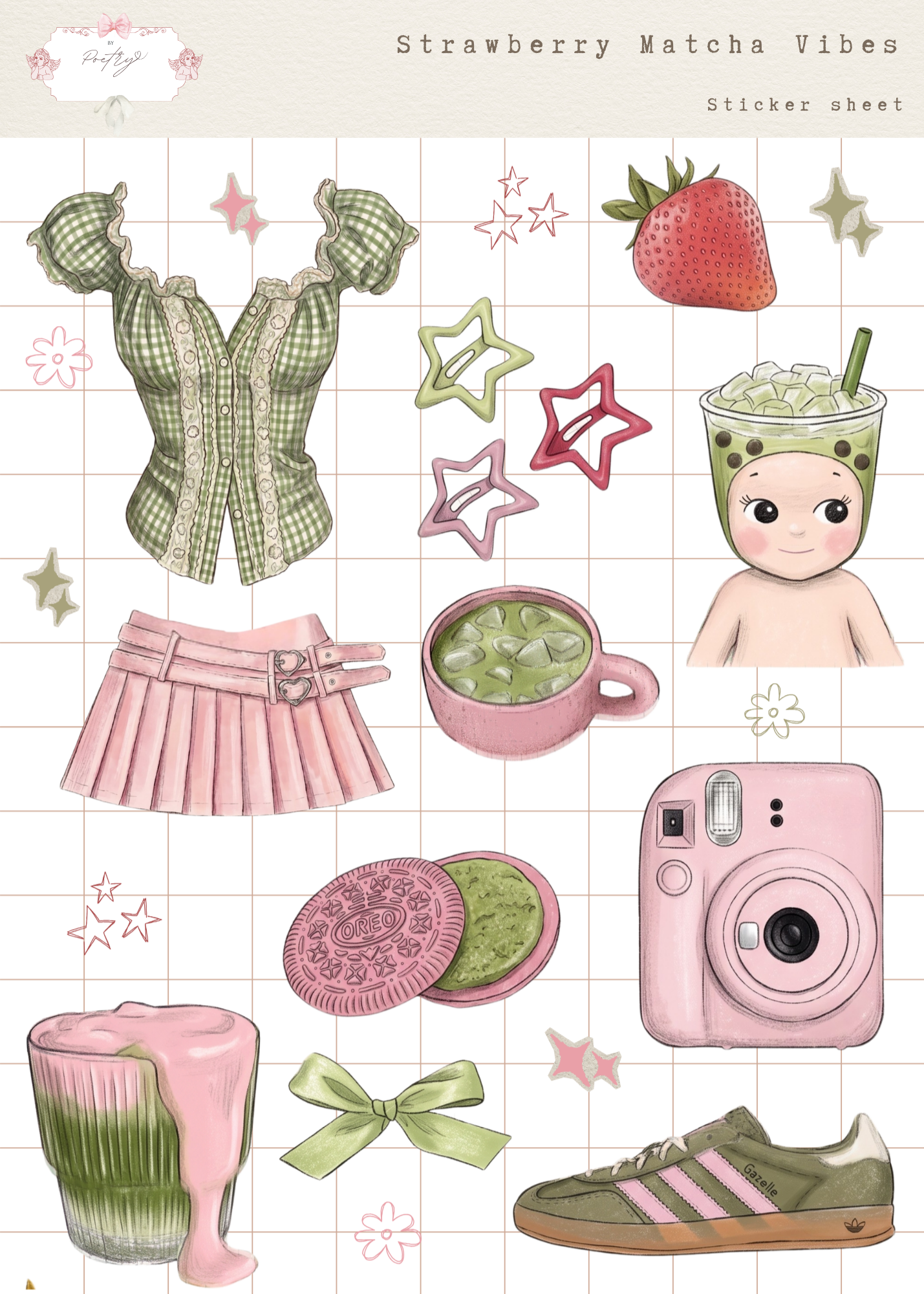 Sticker sheet with illustrations of a green checkered outfit, pink skirt, matcha cup, camera, and other items on a grid background.