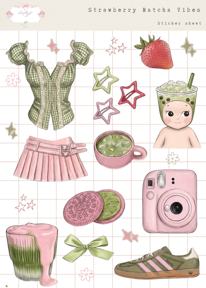 Sticker sheet with illustrations of a green checkered outfit, pink skirt, matcha cup, camera, and other items on a grid background.
