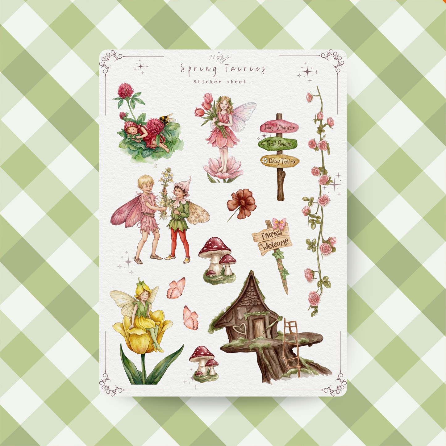 Sheet of fairy stickers on a green and white checkered background