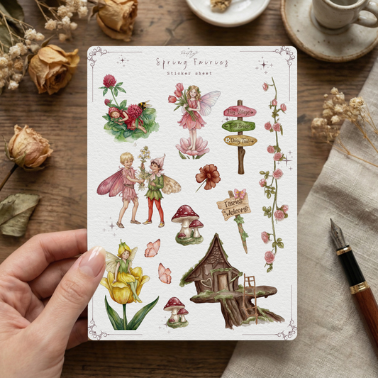 Sheet of fairy-themed stickers held by a hand on a wooden surface with dried flowers and a pen.
