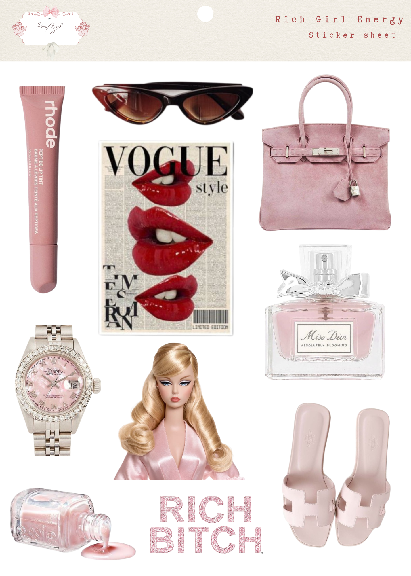 Collection of luxury items including a pink handbag, sunglasses, perfume, and a Barbie doll with text.