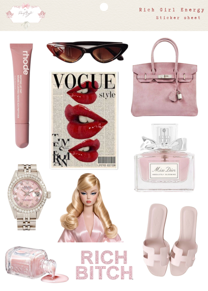 Collection of luxury items including a pink handbag, sunglasses, perfume, and a Barbie doll with text.