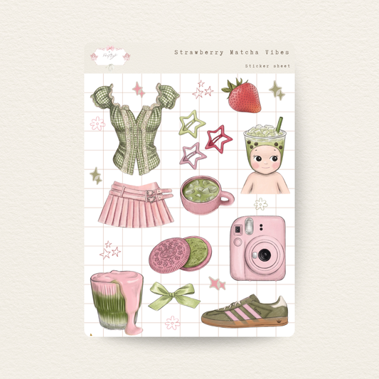 Sticker sheet with illustrations of a green outfit, pink skirt, pink camera, and other items on a white background.
