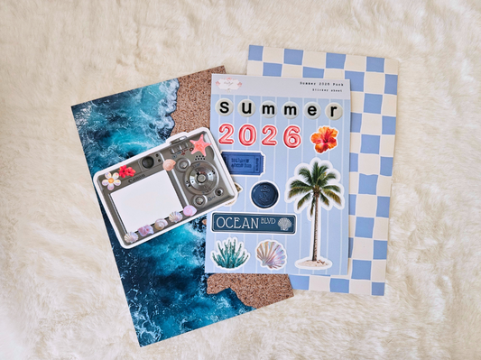 Two planner stickers sheets with 'Summer 2026' and 'Ocean' theme on a textured surface.