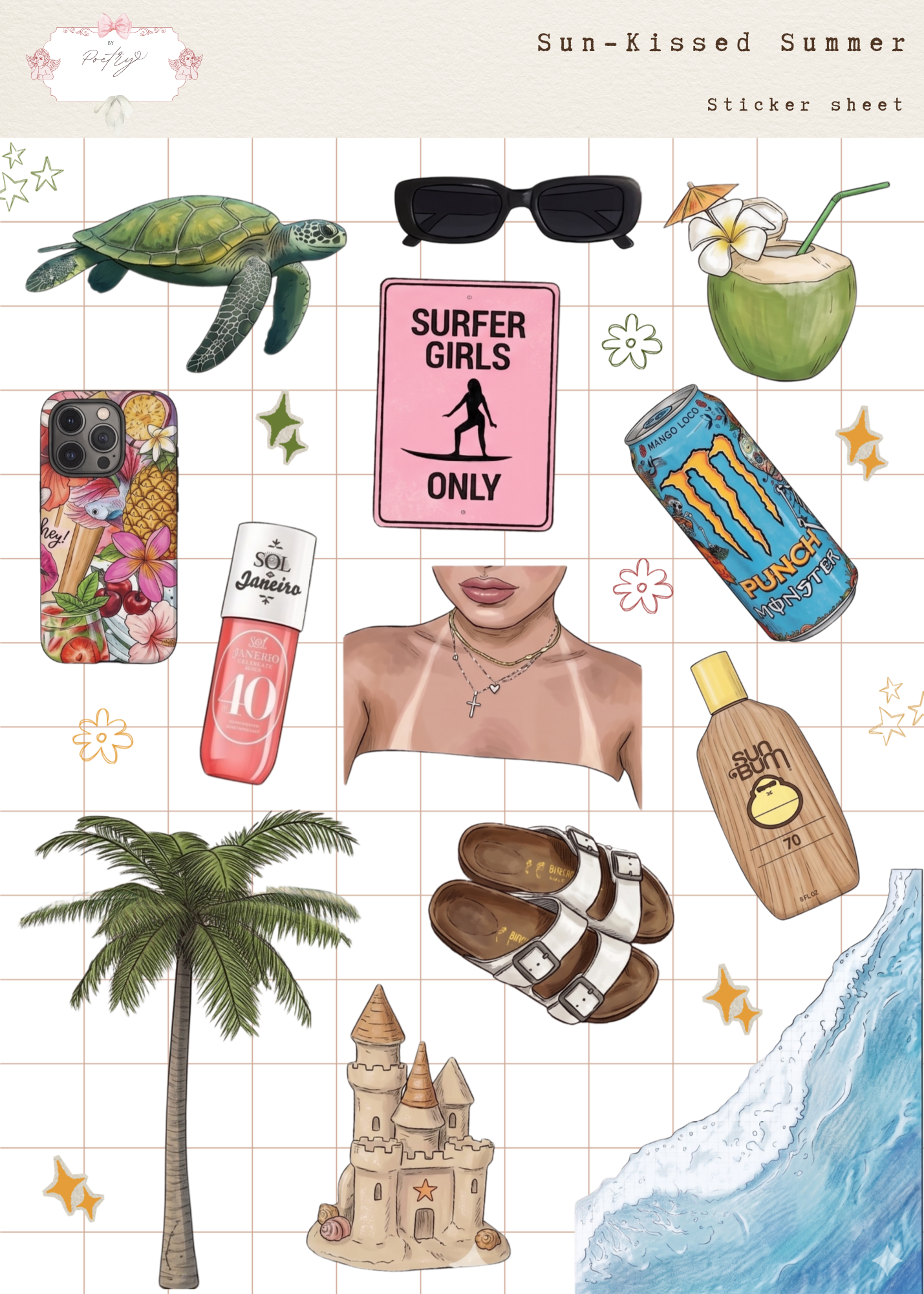 Sticker sheet with summer-themed items including a turtle, sunglasses, a surfboard, a bottle of sunscreen, and a palm tree.