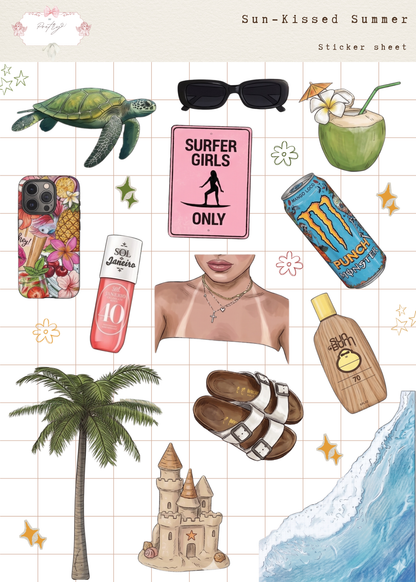 Sticker sheet with summer-themed items including a turtle, sunglasses, a surfboard, a bottle of sunscreen, and a palm tree.