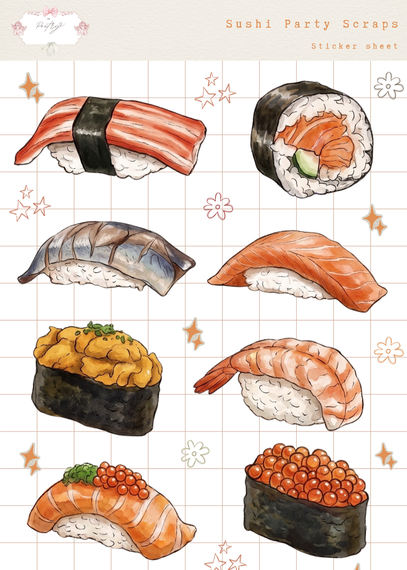 Illustrations of various types of sushi on a grid background with decorative elements.