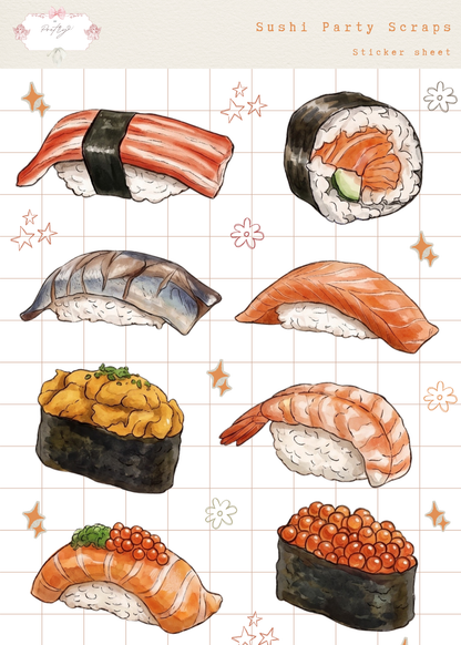 Illustrations of various types of sushi on a grid background with decorative elements.
