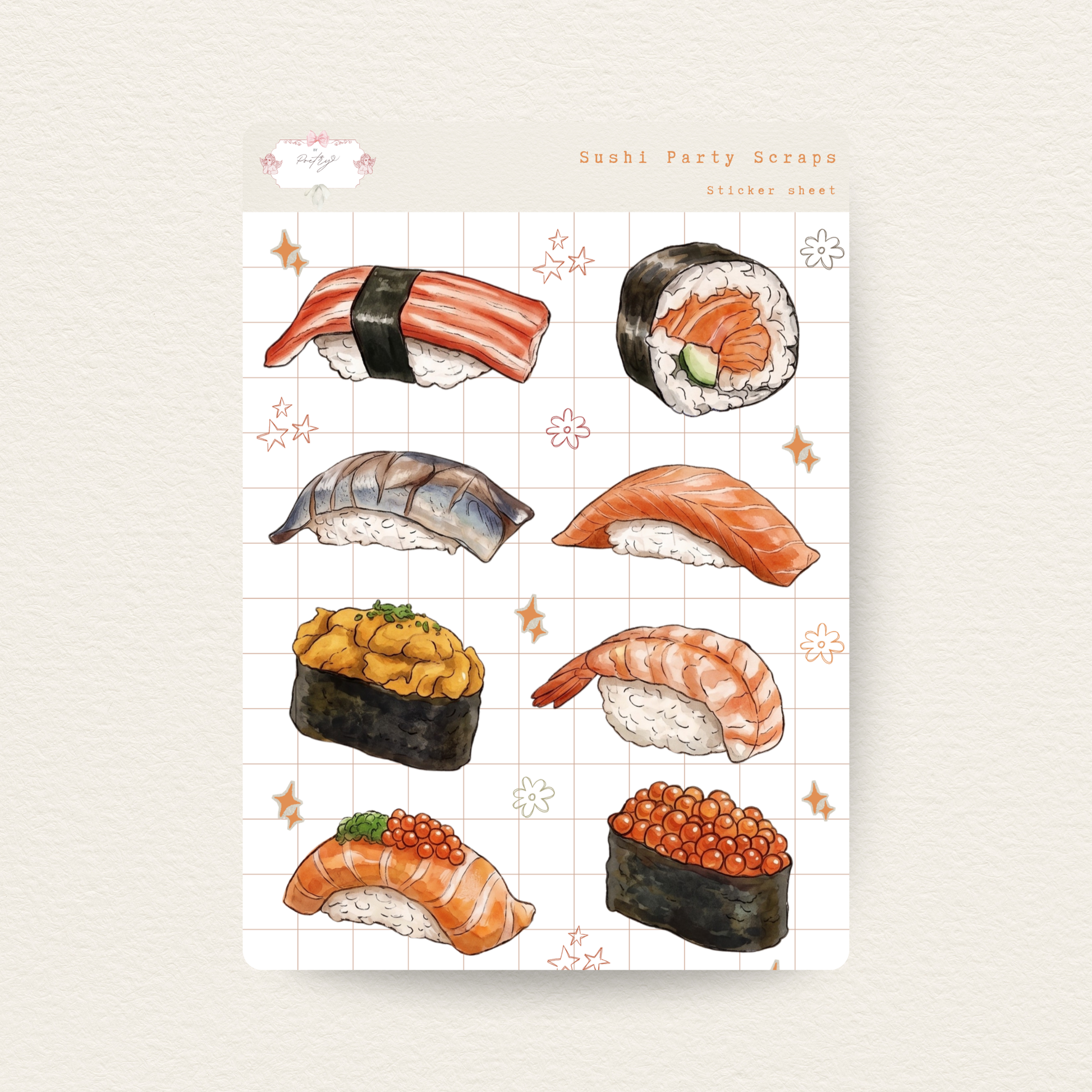 Sticker sheet with illustrations of various types of sushi on a grid background.