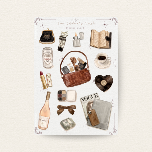 Collection of lifestyle items including a handbag, lipstick, and coffee on a light background.