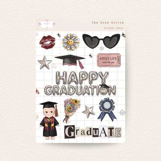 Sticker sheet with graduation-themed designs on a light background