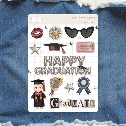 Sticker sheet with graduation-themed designs on a denim background