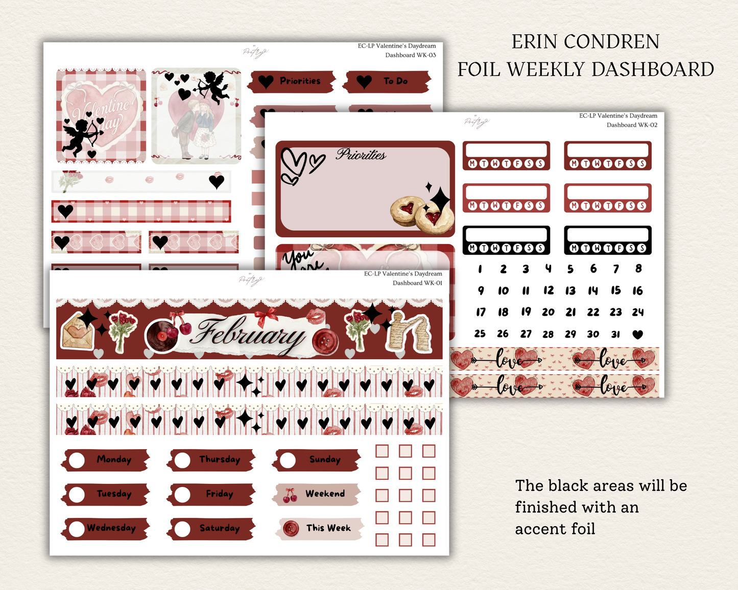 Erin Condren foil weekly dashboard planner stickers with February theme on a light gray background.