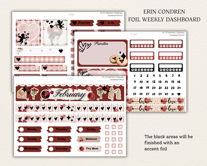 Erin Condren foil weekly dashboard planner stickers with February theme on a light gray background.