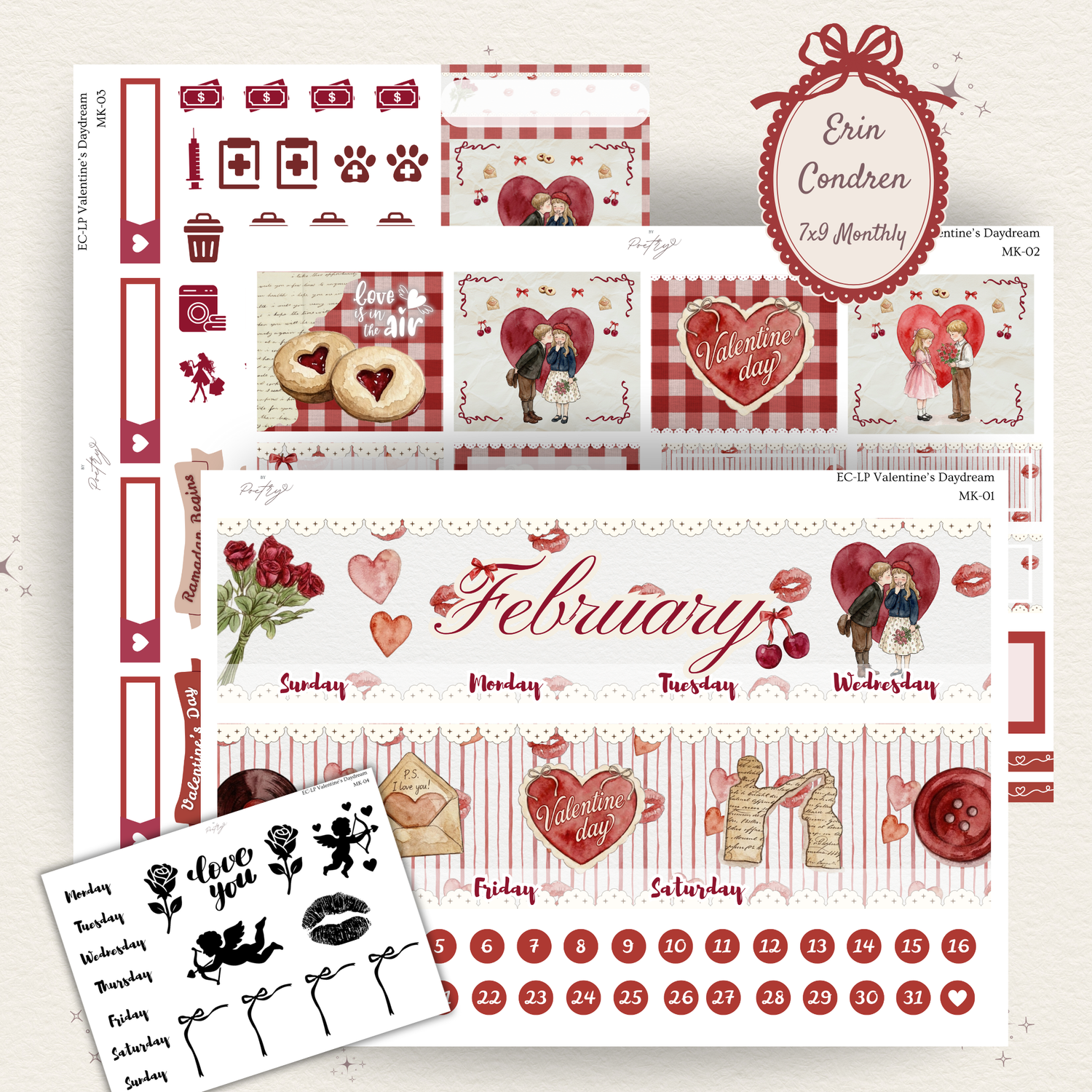 Valentine's Daydream February Monthly Sticker Kit for Erin Condren 7x9 Planners. The image displays four sticker sheets featuring vintage watercolor illustrations in red and cream. Designs include a 'February' script header, a couple kissing, heart-shaped cookies, love letters, and gingham patterns. Includes date dots, sidebar trackers, and a foil accent sheet with cupids and roses