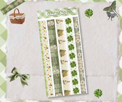 Set of decorative washi strips with green and white patterns on a textured surface.