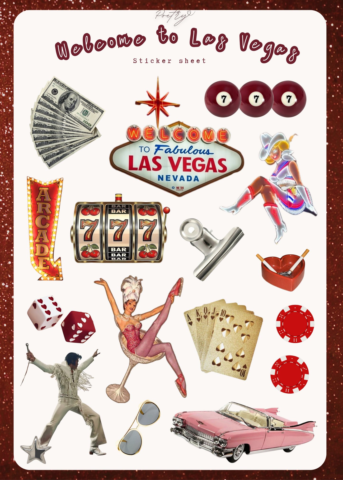 Sticker sheet with Las Vegas-themed designs including a sign, money, dice, and car.
